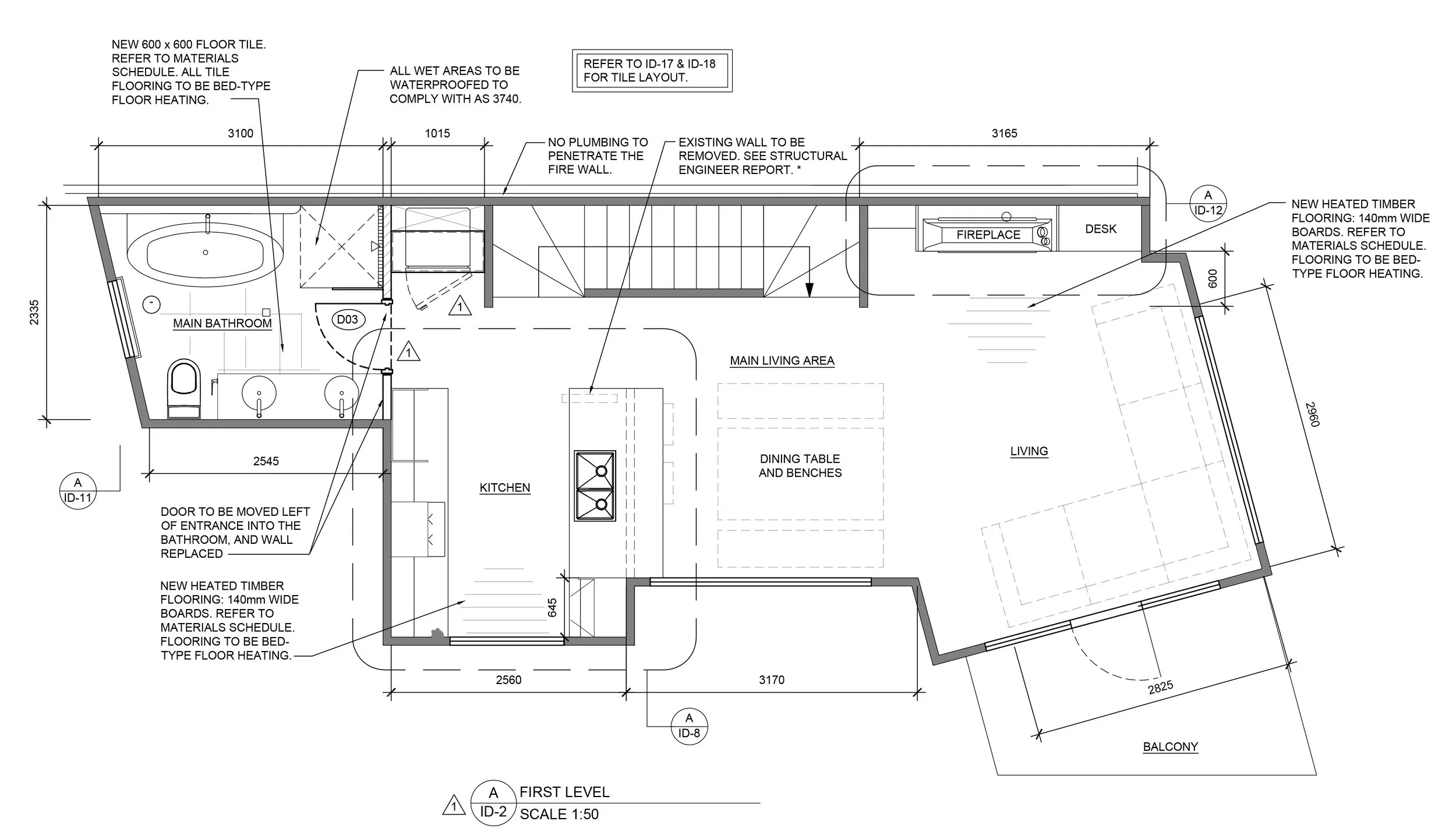 Main-level floor plan for a Thredbo condominium renovation, showing the kitchen, living area and proposed furniture layout.