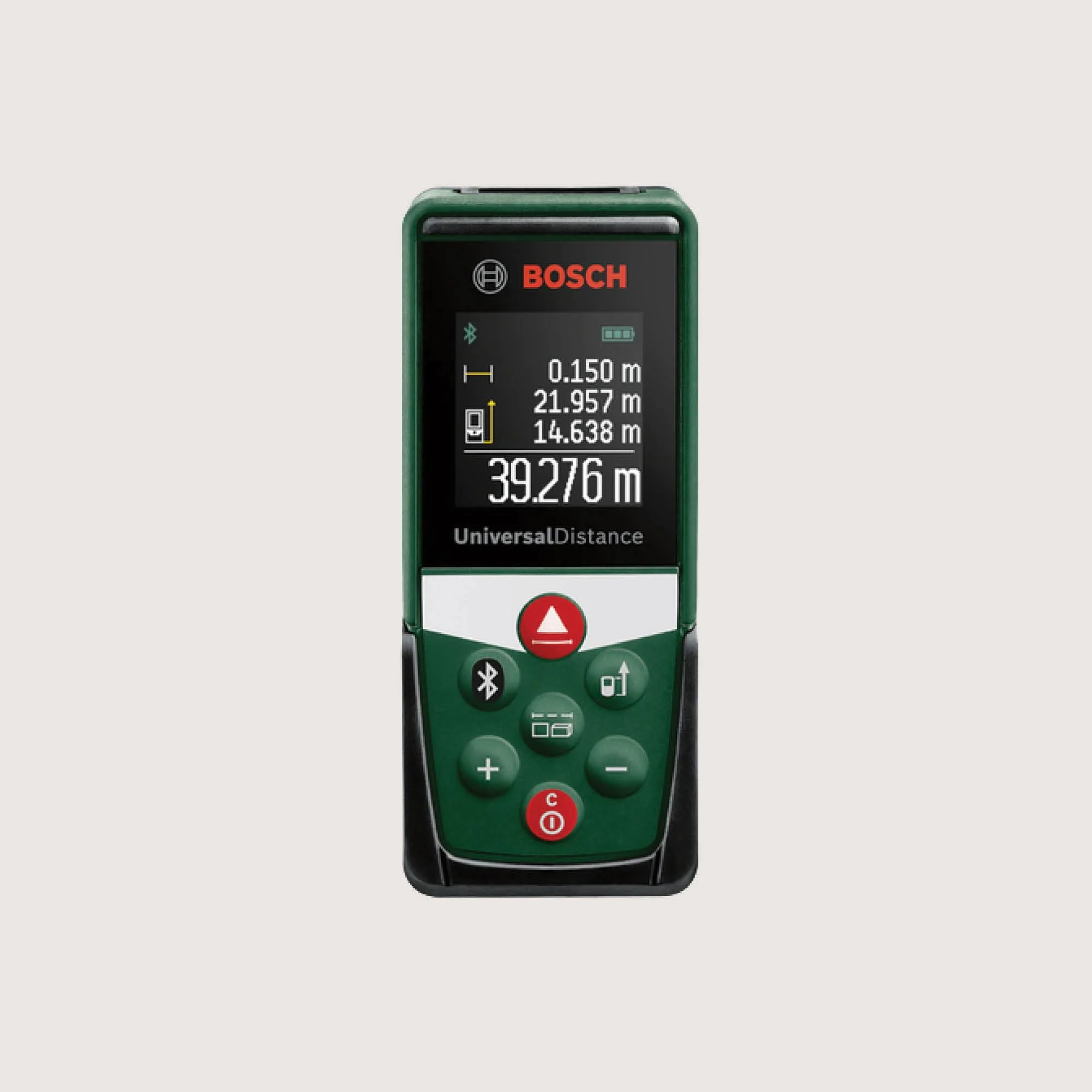 A handheld device, likely a laser distance meter, displaying various measurements including 0.150 meters and 39.276 meters, with buttons for functions like Bluetooth, calculation, and power. The device is made by Bosch.