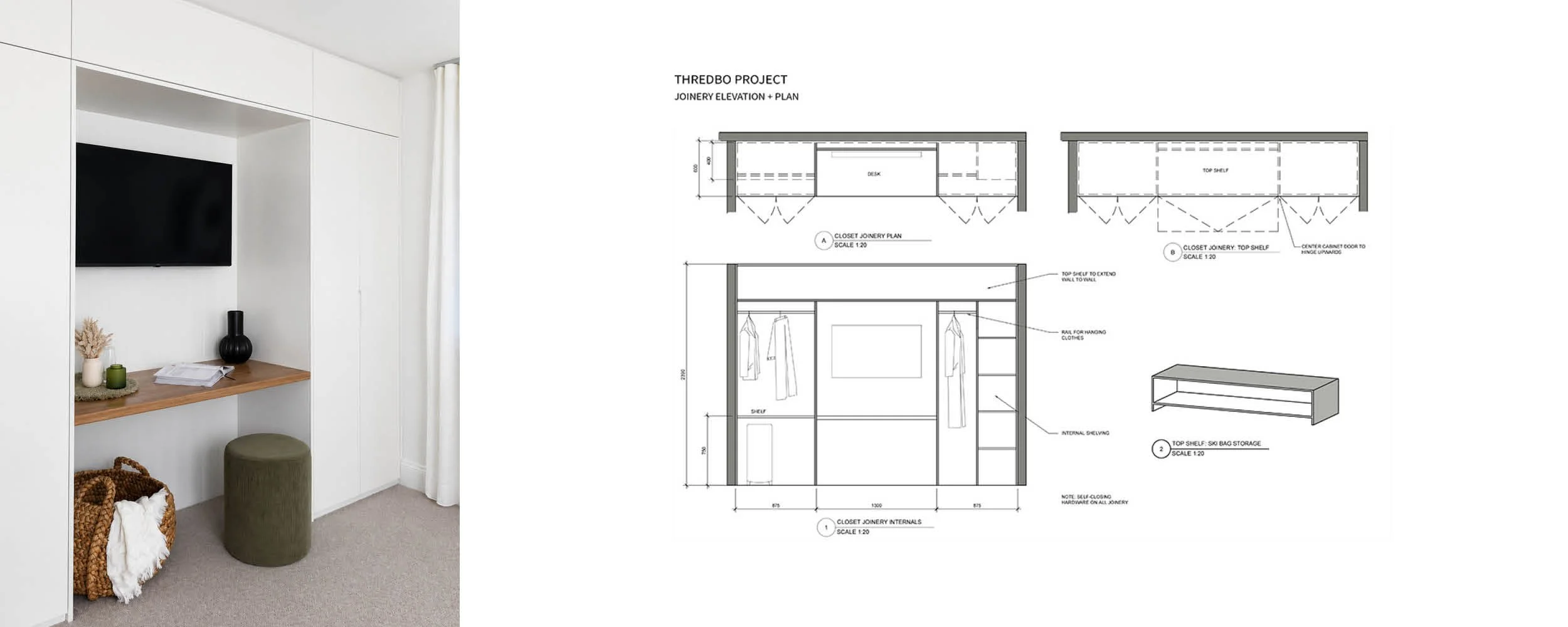Custom bedroom joinery with built-in wardrobe, workspace and television designed for a compact holiday home bedroom.
