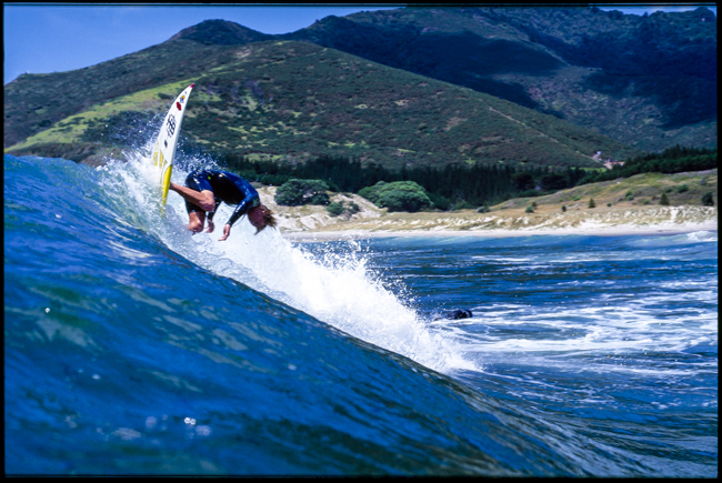 Larry Fisher December 1994; Rip Curl used this image as a Double Page Spread, NZ's Ceo Paul Muir citing that the background made it such a Kiwi photo. And for that reason it was also used as one of the opening spreads in the book PhotoCPL.