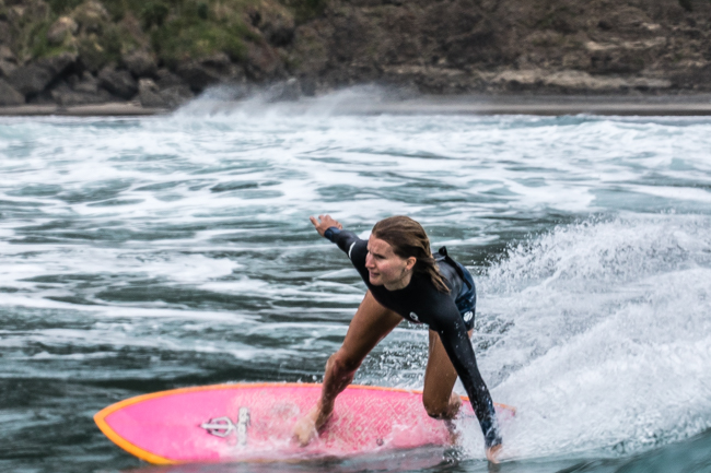 Mischa Davis, 2017 National Longboard Champion, on her Hughsie retro shorty