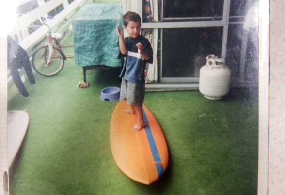 A four year old Dune in barrel stance on the deck at Fresh Squeezed, Shadee Lane 2000. 