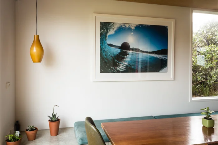 Piha Bar Barrel in a classic white on white box frame at 900mm wide print size