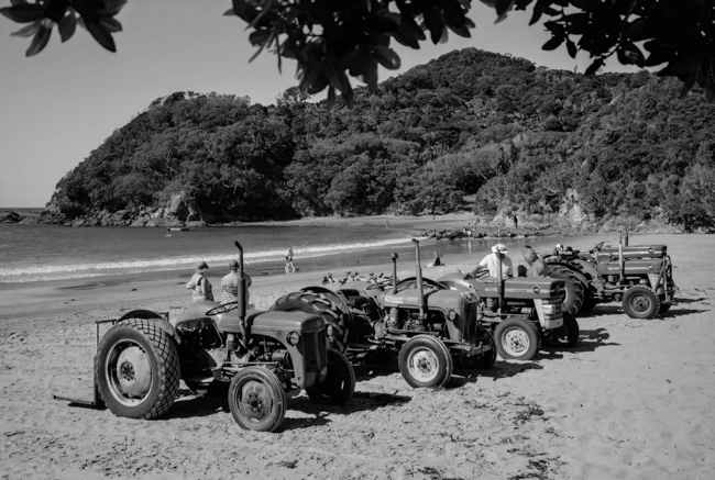 Little Bay Tractors, Coromandel. Shot on Kodak T-max 100 film with the Fuji GSX690 camera. Kiwiana as!