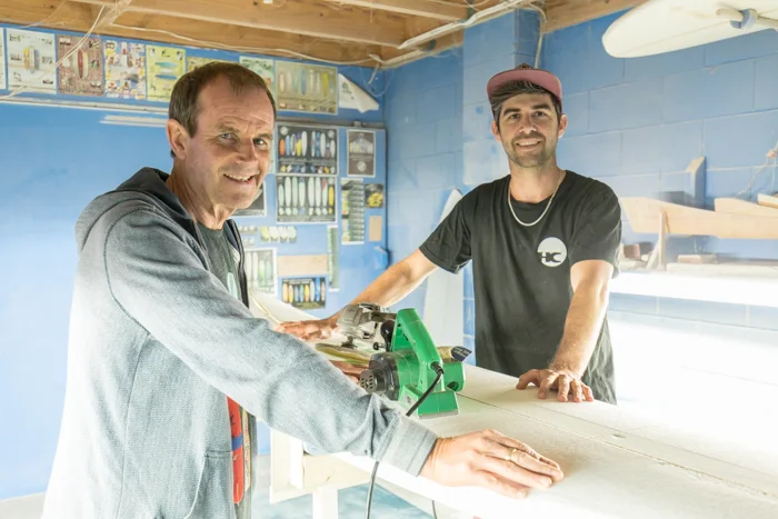 Roger and Hayden in the Surfline Shaper’s Bay, Ruakaka