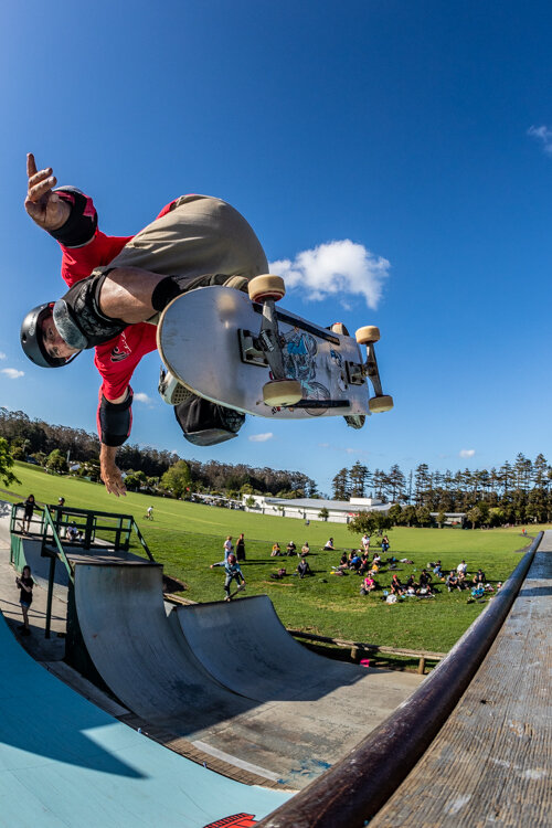 The man himself, Dave Crabb, organiser of the 2nd annual Kerikeri Vert Jam, on the tin ramp he built 18 years ago