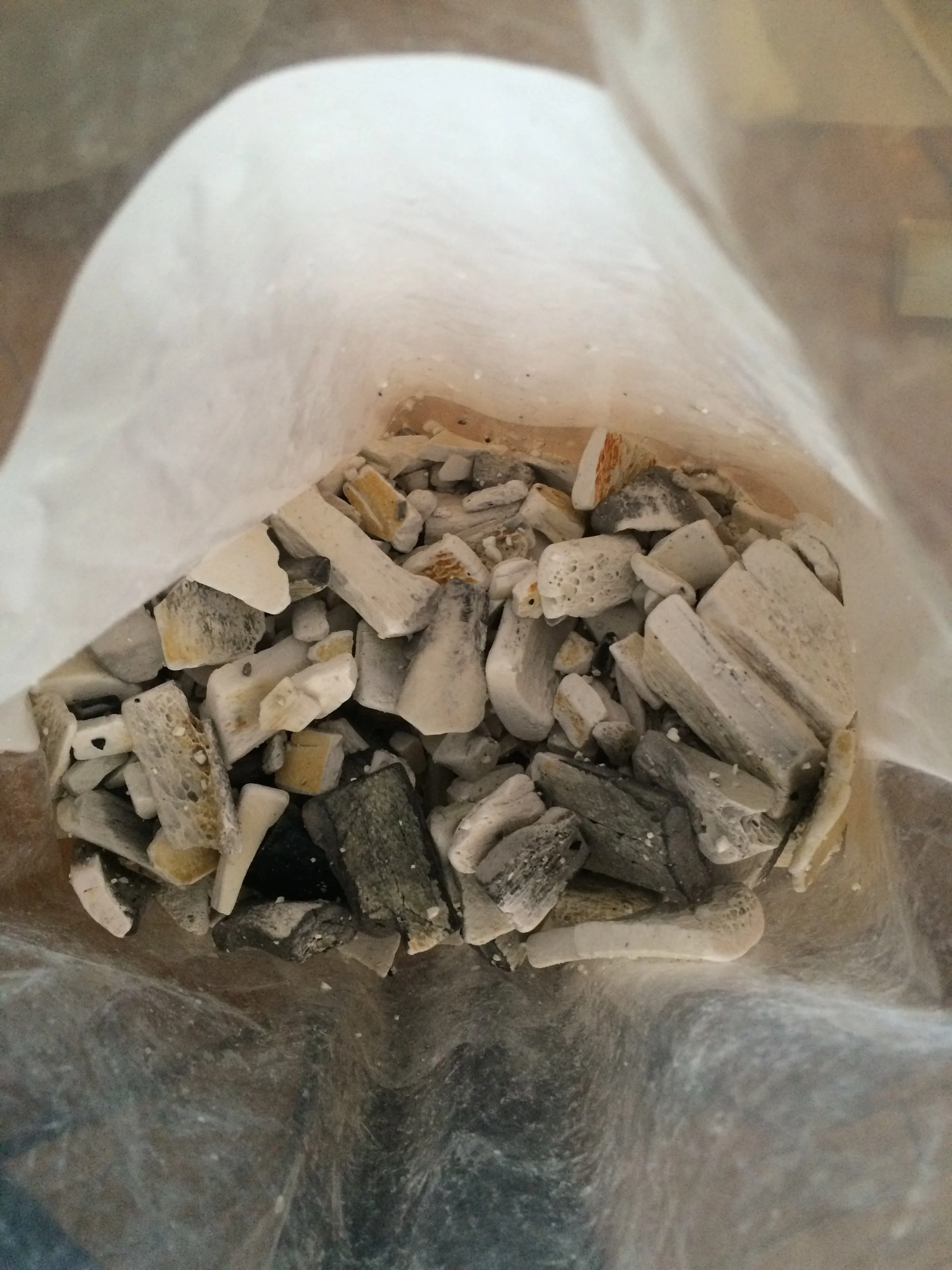 The bones cut and fired, ready to be crushed into ash.