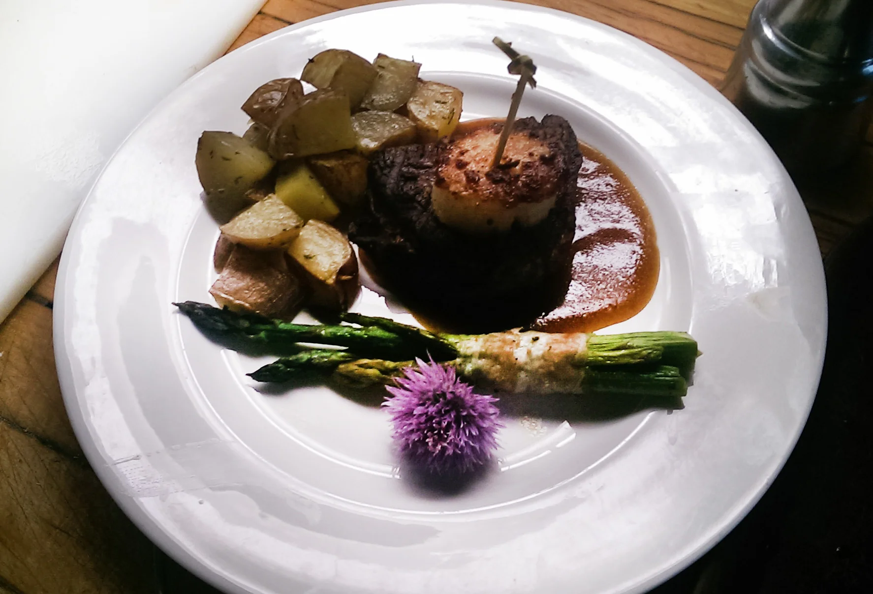 Filet and Seared Scallop Surf and Turf with Prosciutto Wrapped Asparagus and Roasted Potatoes 