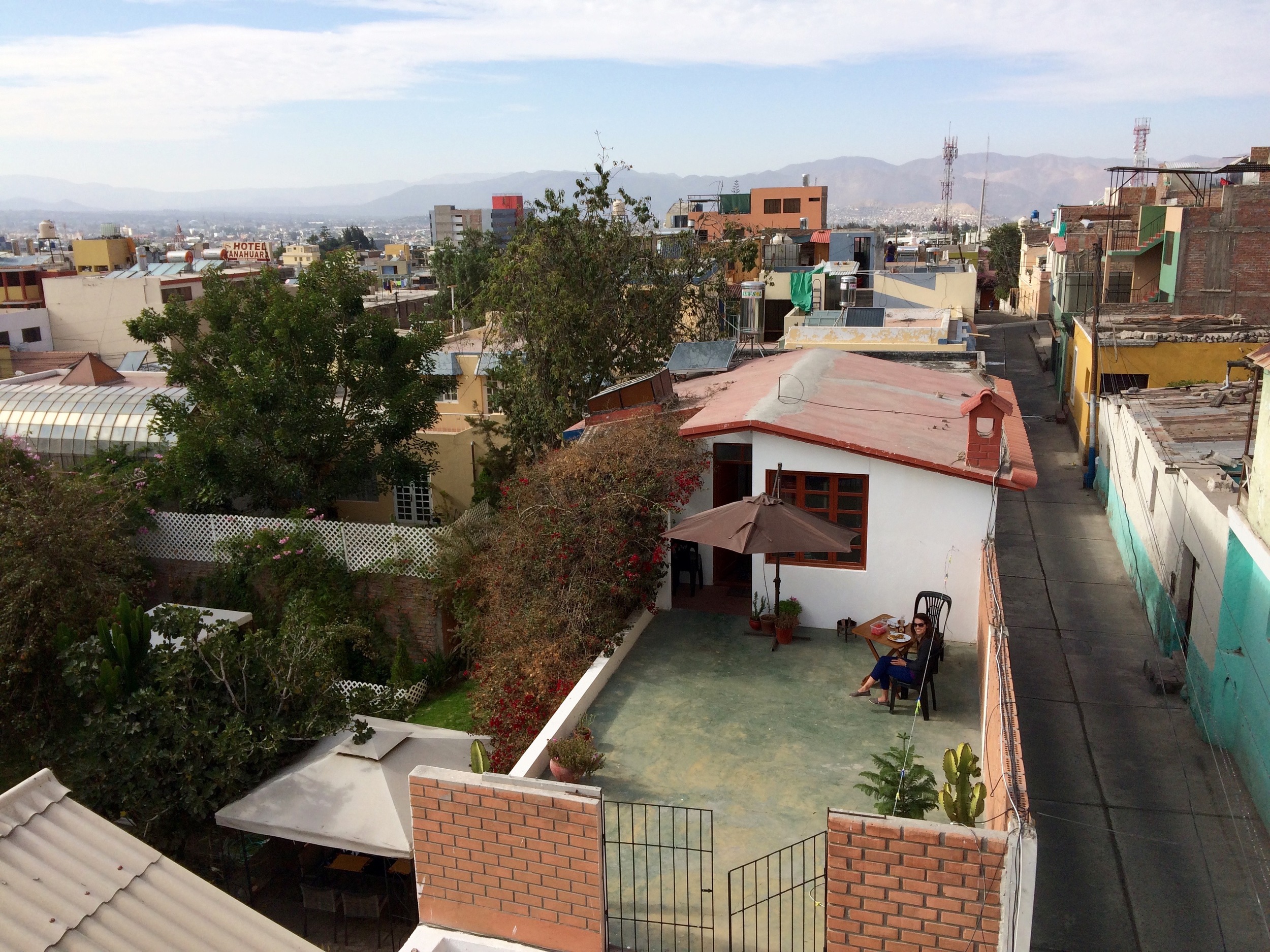 Looking down on our house. Garden to the left, Calle Zela to the right. 