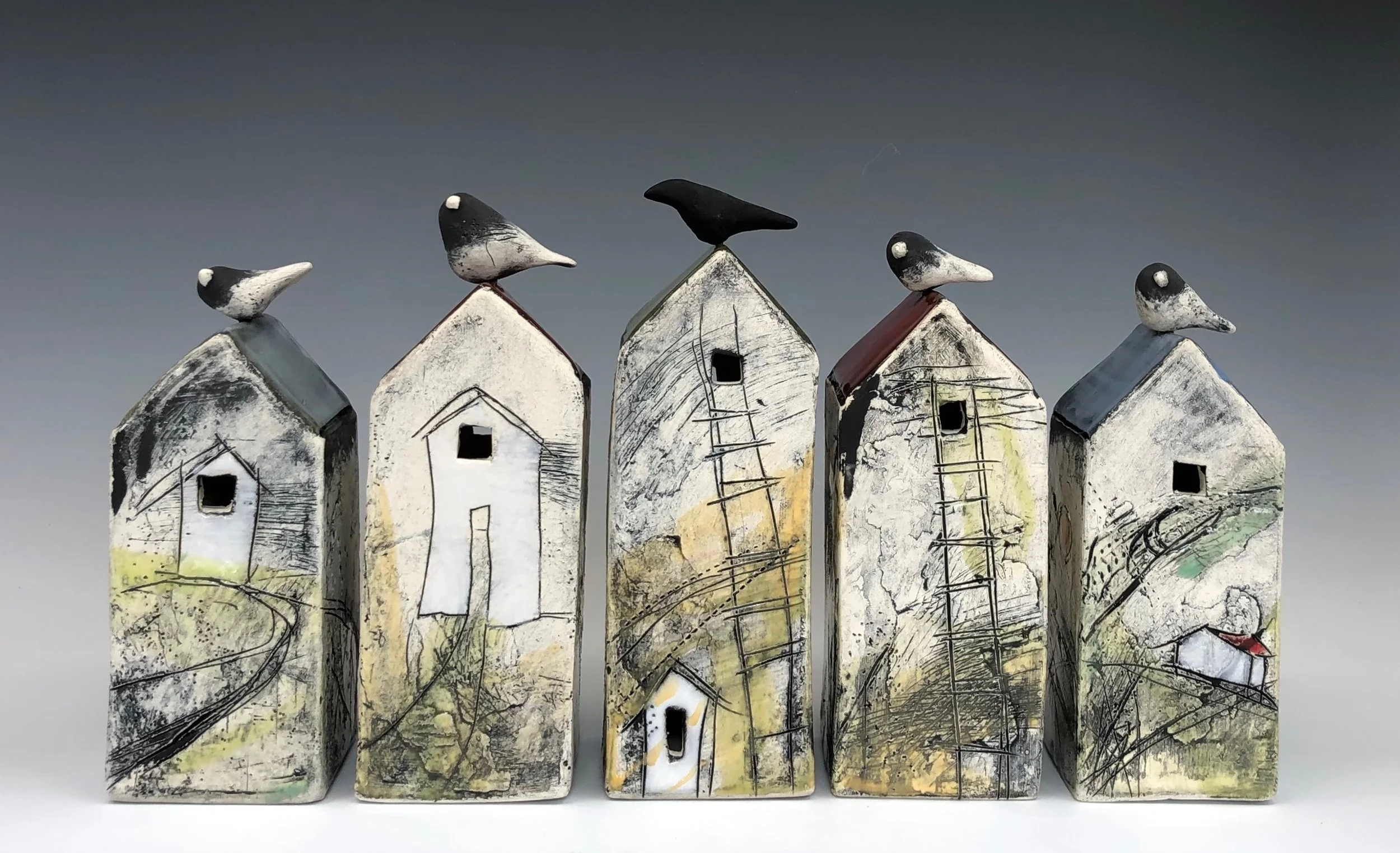 Little Houses with Birds | Earthenware, glaze, Sculpey clay |  2 x 6 x 2 inch | $100 each