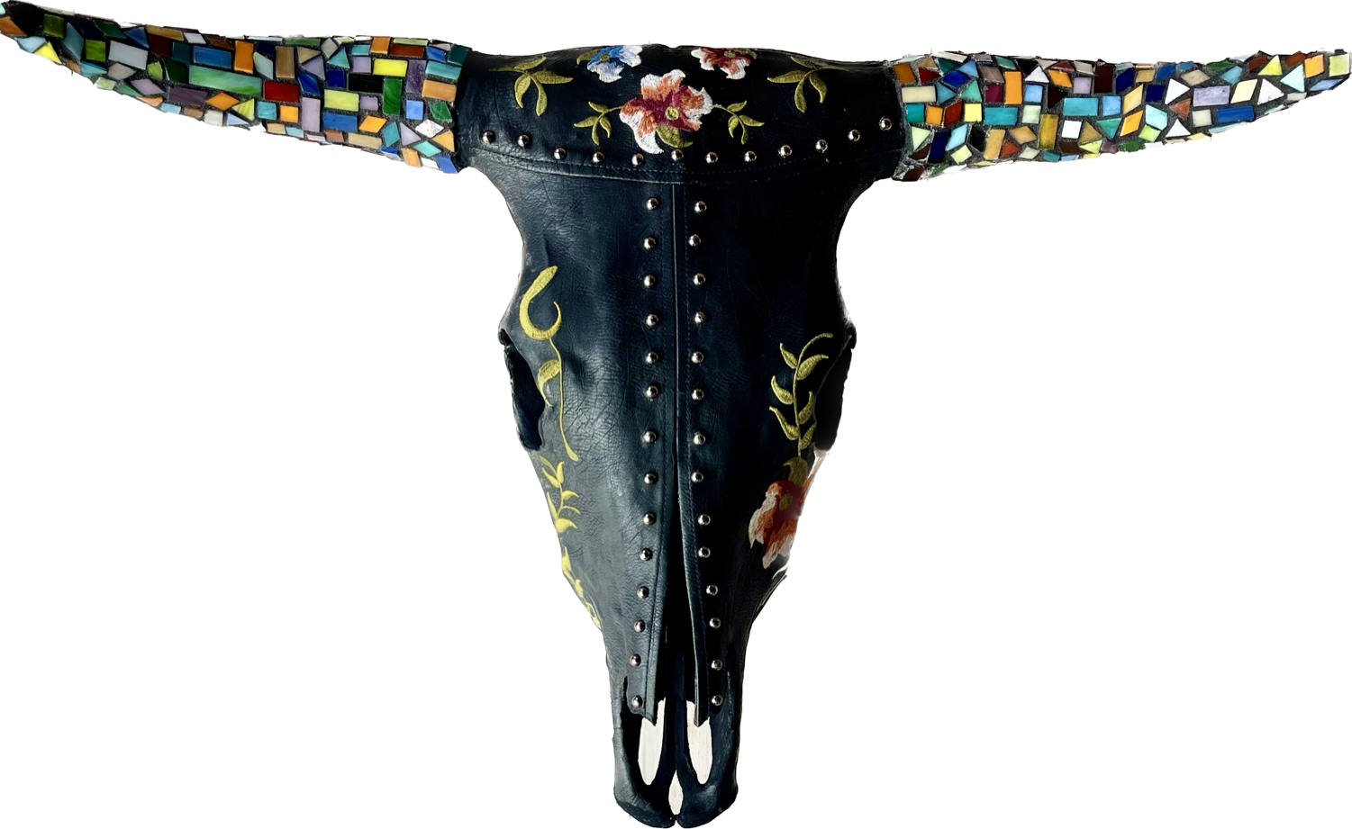 Sold- Frida |  Acrylic, Leather, Glass on Cow Skull | 19" x 29.5" x 9.5" | $1600