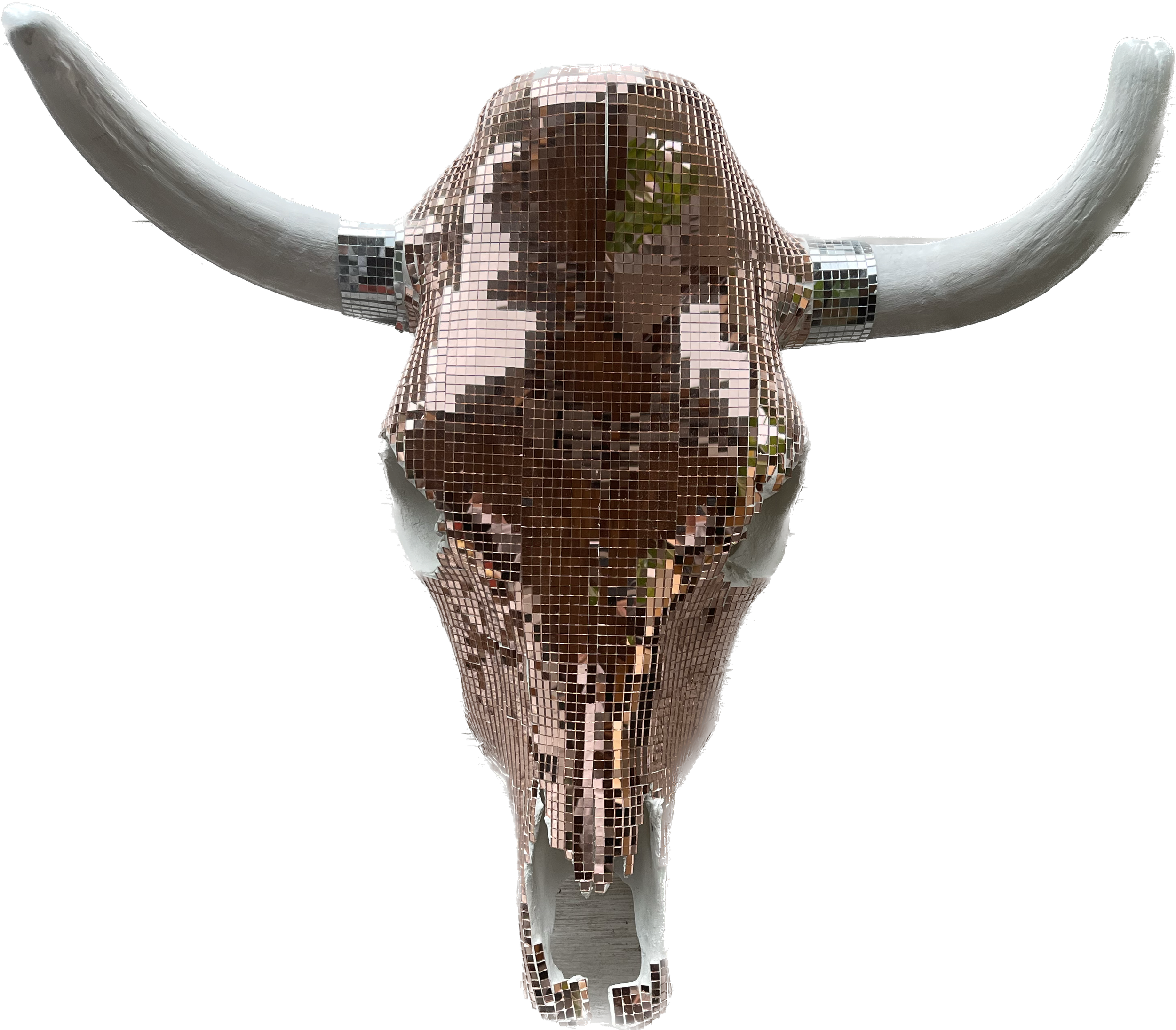 sold- Studio 54 | Glass Tile, and Gessso on Cow Skull | 20.5" x 21" x 12.5" | $1200