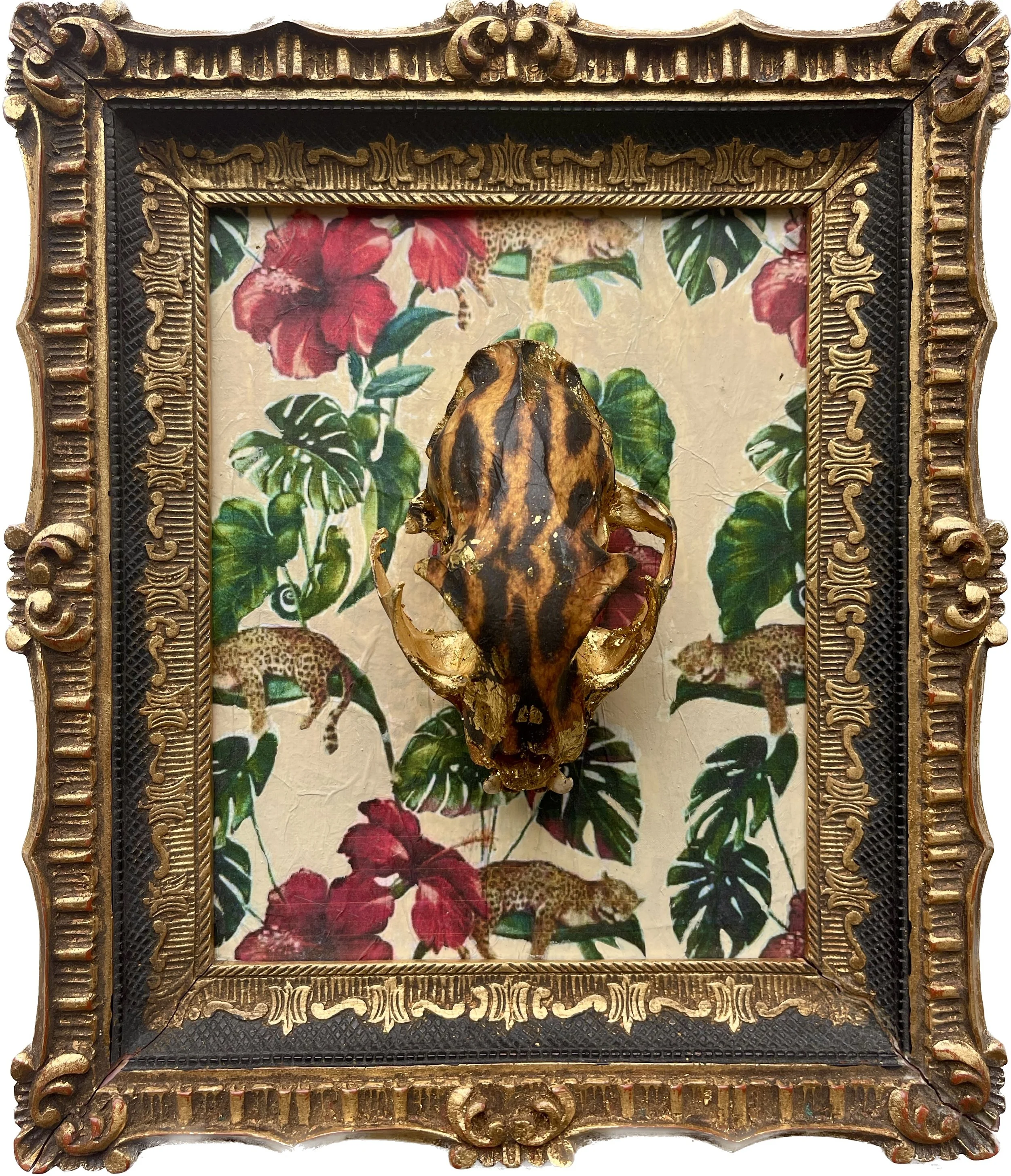 sold- White Lotus | Mixed Media, Gold Leaf on Lynz Kkull, Vintage Frame | 14" x 12" x 4" | $400