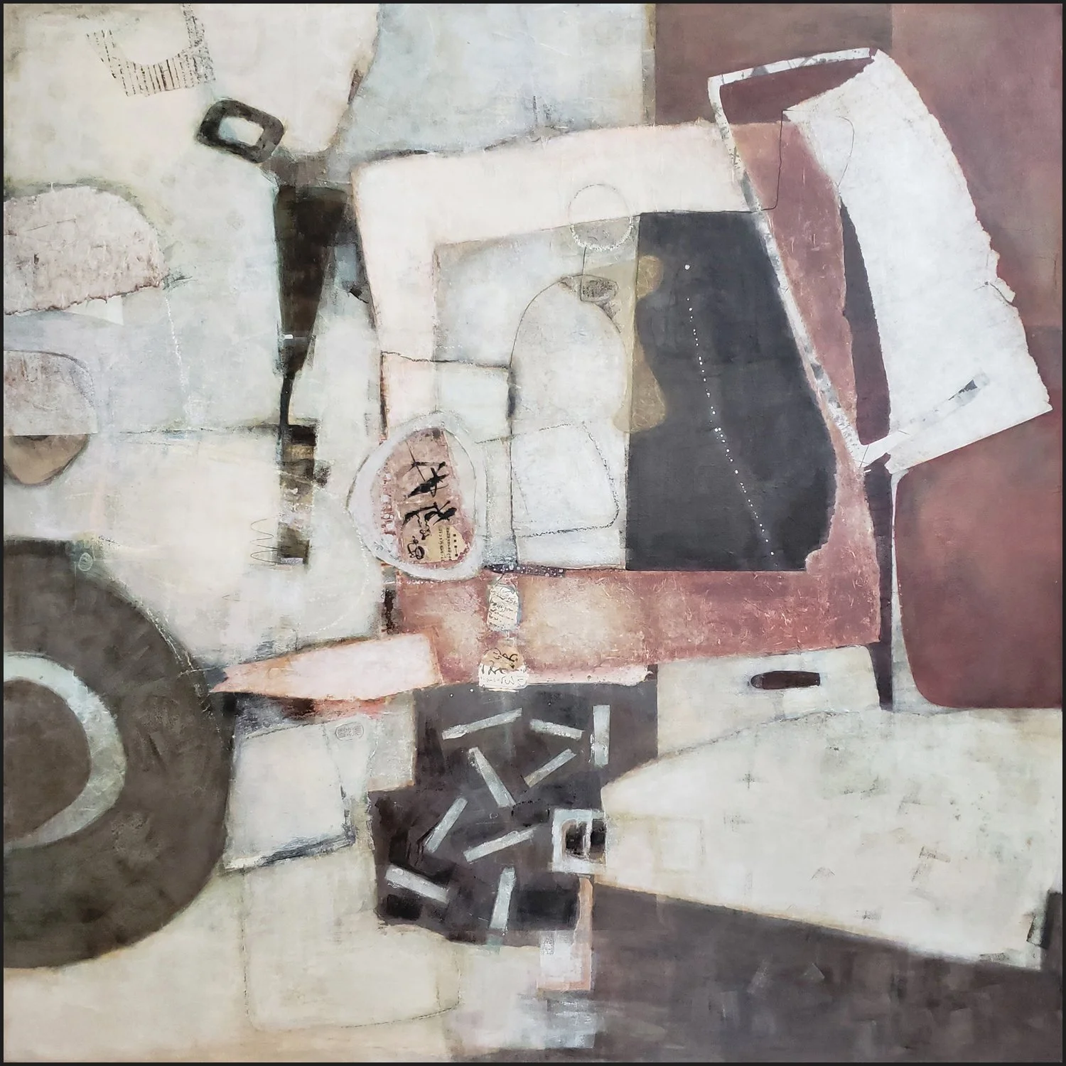  Objects & Space  |  Chinese rice paper cold wax mixed media on wood panel  Custom Walnut Frame |  40" x 40" |  $3,250