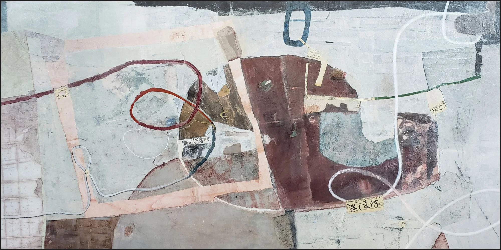 Autumn Vibe I  | Chinese rice paper cold wax mixed media on wood panel Custom Maple Frame  |  24" x 48" | $2,700