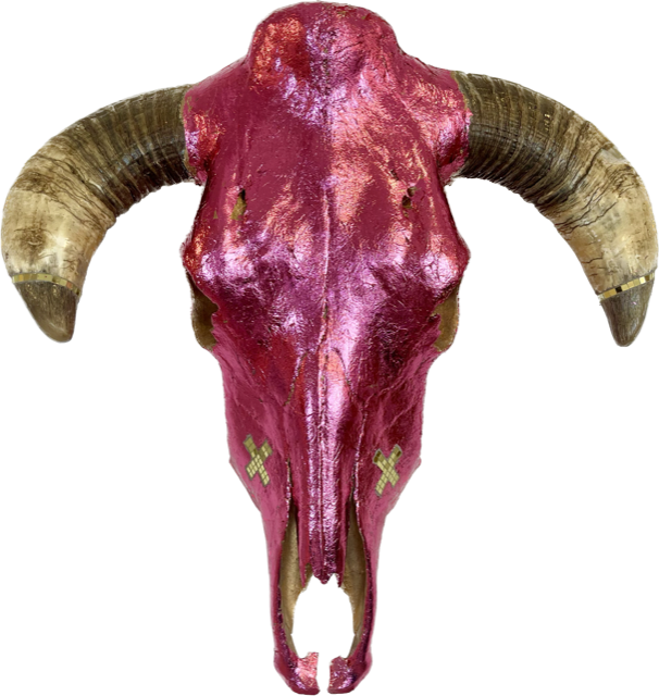 Jeff | Oil, chrome leaf, glass on cow skull  | 22" x 16" x 8" | $1,200