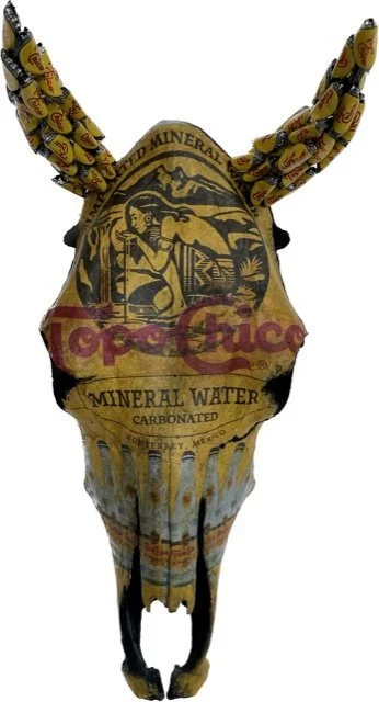 SOLD- Jasper |  Arcylic, paper, metal on cow skull | 20" x 9" x 12" | $950