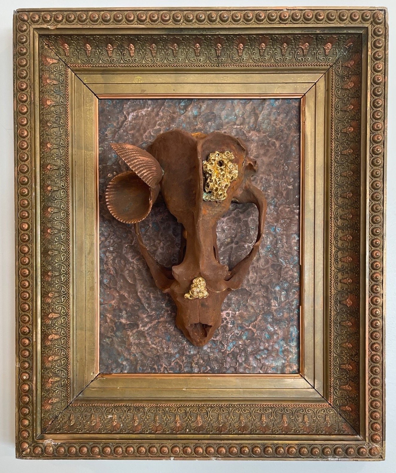 Marcel |  Encaustic, Gold Leaf, Mixed Media, Found Sea Lion Skull, Vintage Frame  | 20" x 18" x 6" | $800