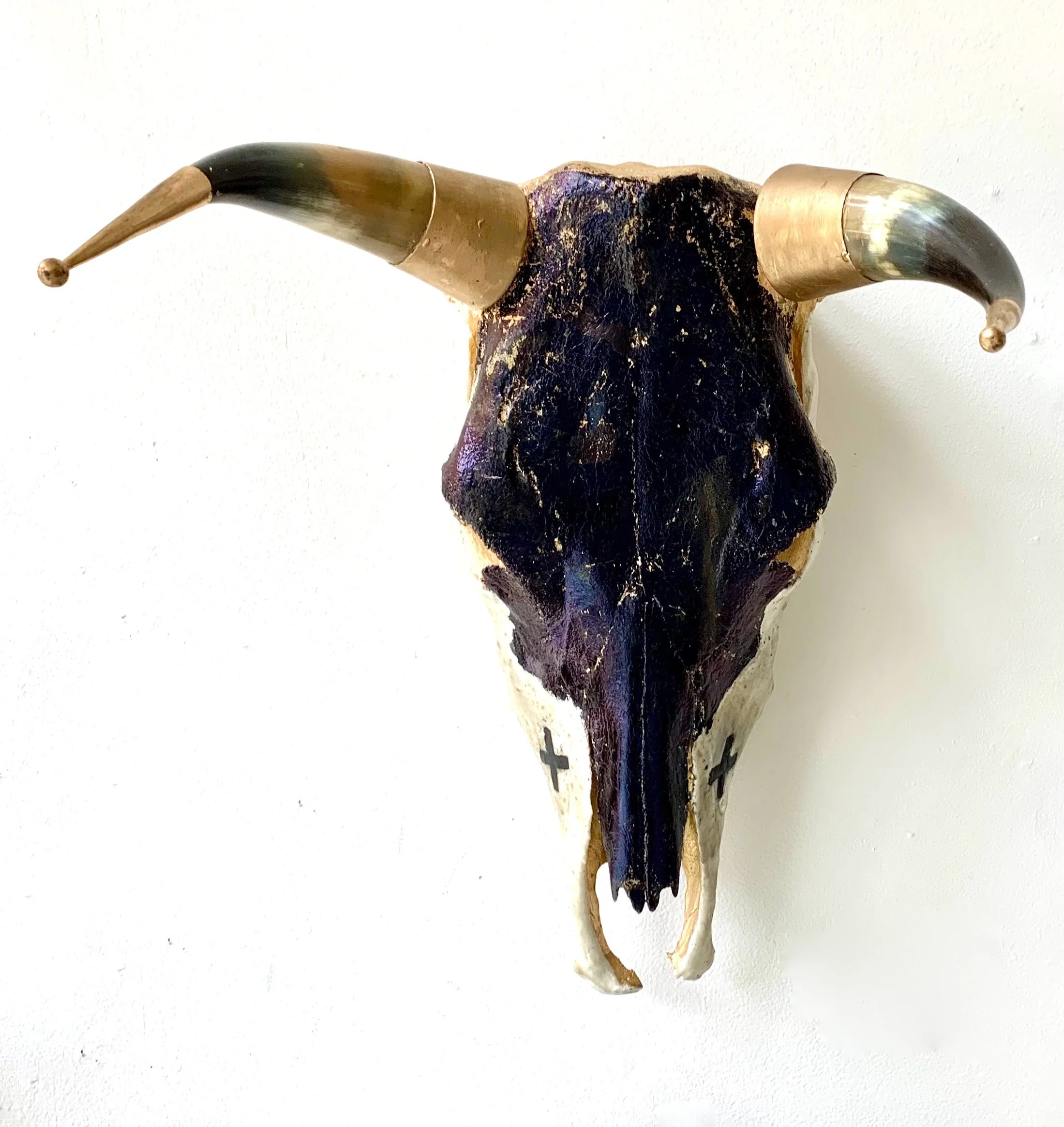 Valhalla | Encaustic, Vintage Viking Drinking Vessels, Black Chrome Leaf on Cow Skull  | 22" x 18" x 14" | $1400