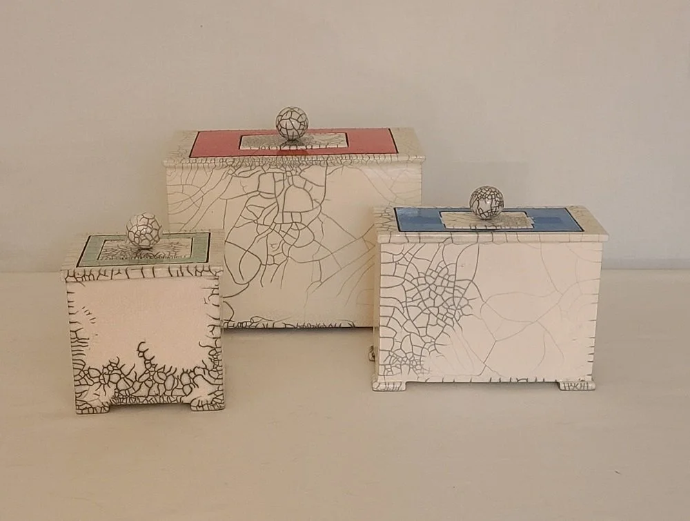 Raku Boxes | Ceramic & Raku Glaze | sizes range from 4" x 5" x 3" up to 8" x 10" x 5" | $135-$350
