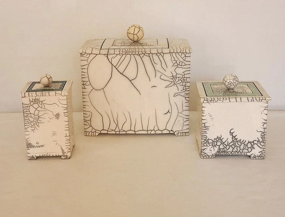 Raku Boxes | Ceramic & Raku Glaze | sizes range from 4" x 5" x 3" up to 8" x 10" x 5" | $135-$350