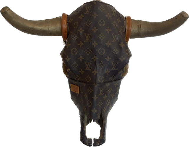 Louis | Repurposed Louis Vuitton fabric and accessories, cold wax, on steer skull | 20.5 18 x 8 inch | $1,800