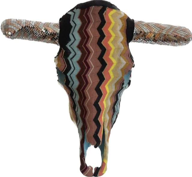 Missoni | Repurposed Missoni fabric, Glass mirror tiles, Acrylic, on Steer Skull | 18 x 19.5 x 10 inch  | $1600
