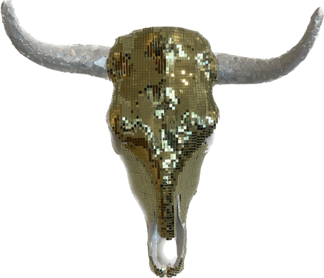 Van Cleef | Glass Mirror,Mother of Pearl, Acrylic, Pearl Powder on Steer Skull | 19 x 20.5 x 8 inch | $1,500