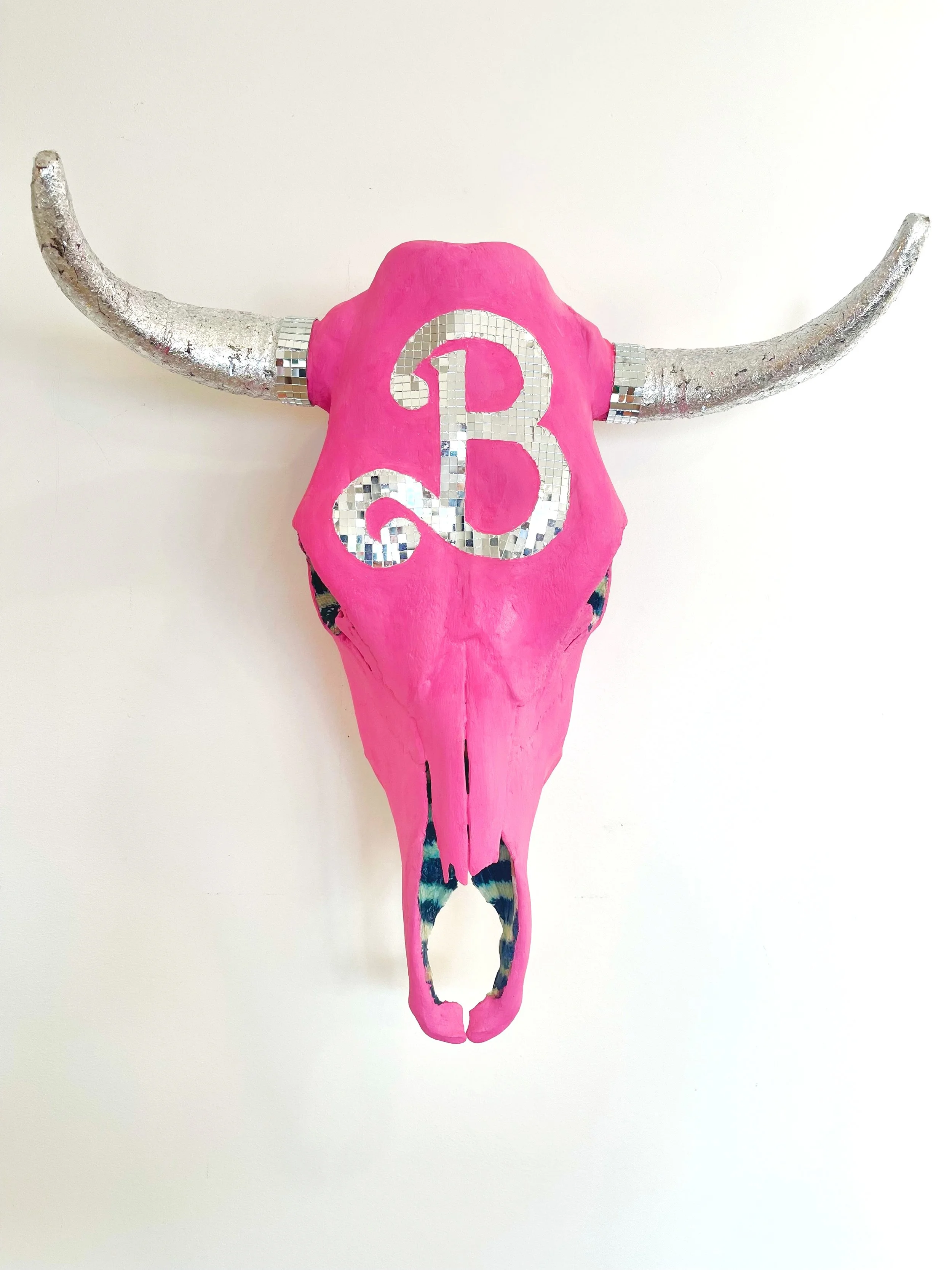 Barbie | Glass, Acrylic, Paper on Steer skull | 21" x 20" x 9" | $1100