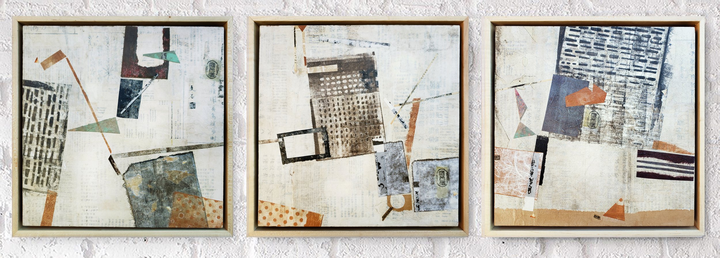 Spring Whisper I, II & III  | Rice paper cold wax mixed media in maple frame | 12" x 36"  | $1,650 [Triptych]