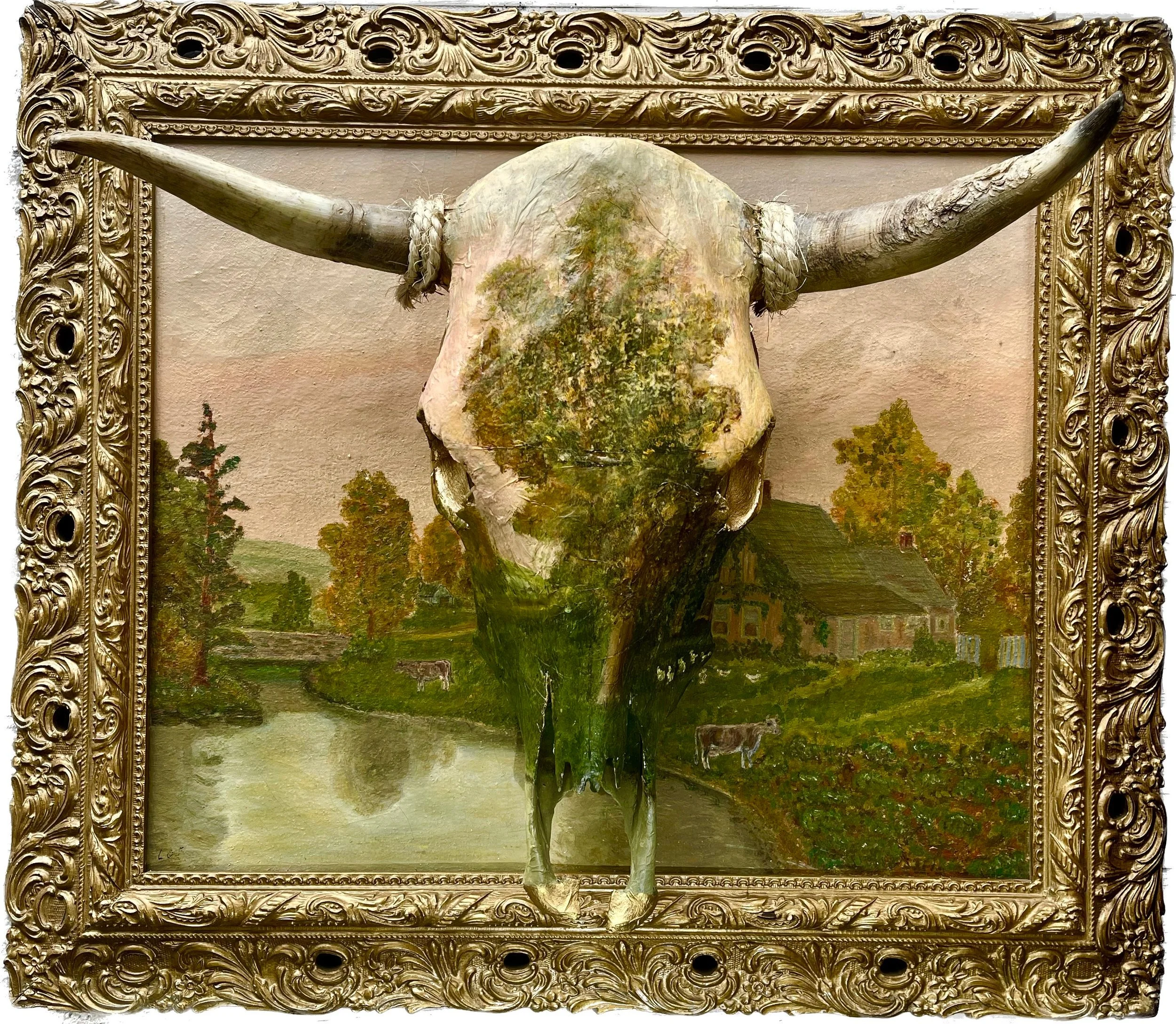 Claude | Found Vintage Oil Painting on Cow Skull in Vintage Frame | 28" x 32" x 11" | $1800