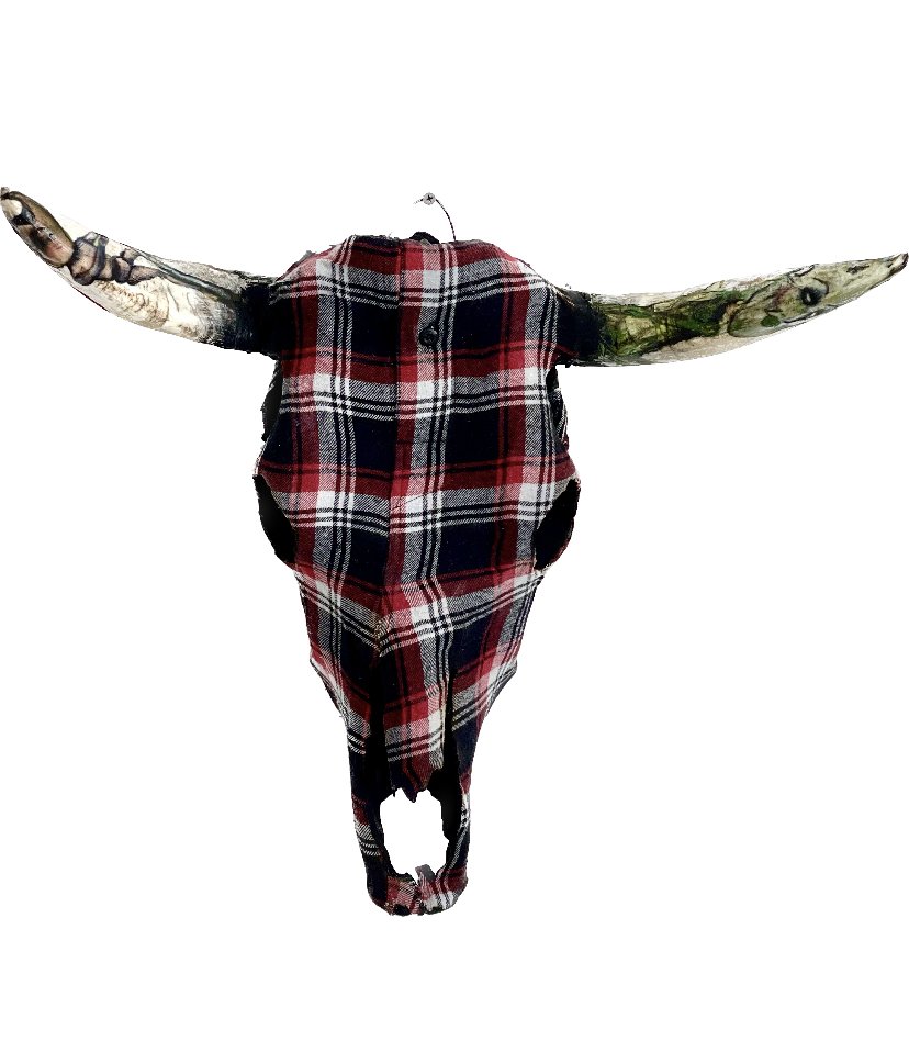 Kurt | Cotton, Acrylic, Pastel and Paper on Steer Skull | 22" x 13" x 7" | $900