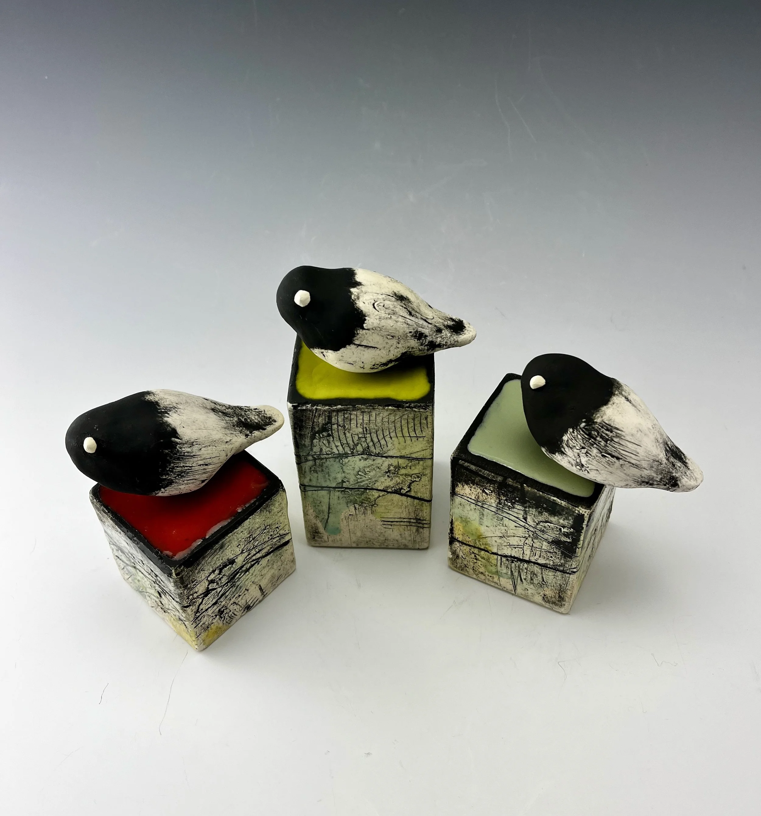 Winter Juncos | Ceramic, Stain and Glaze | 5" x 2.5" x 2.5" (approx) |  $125 each
