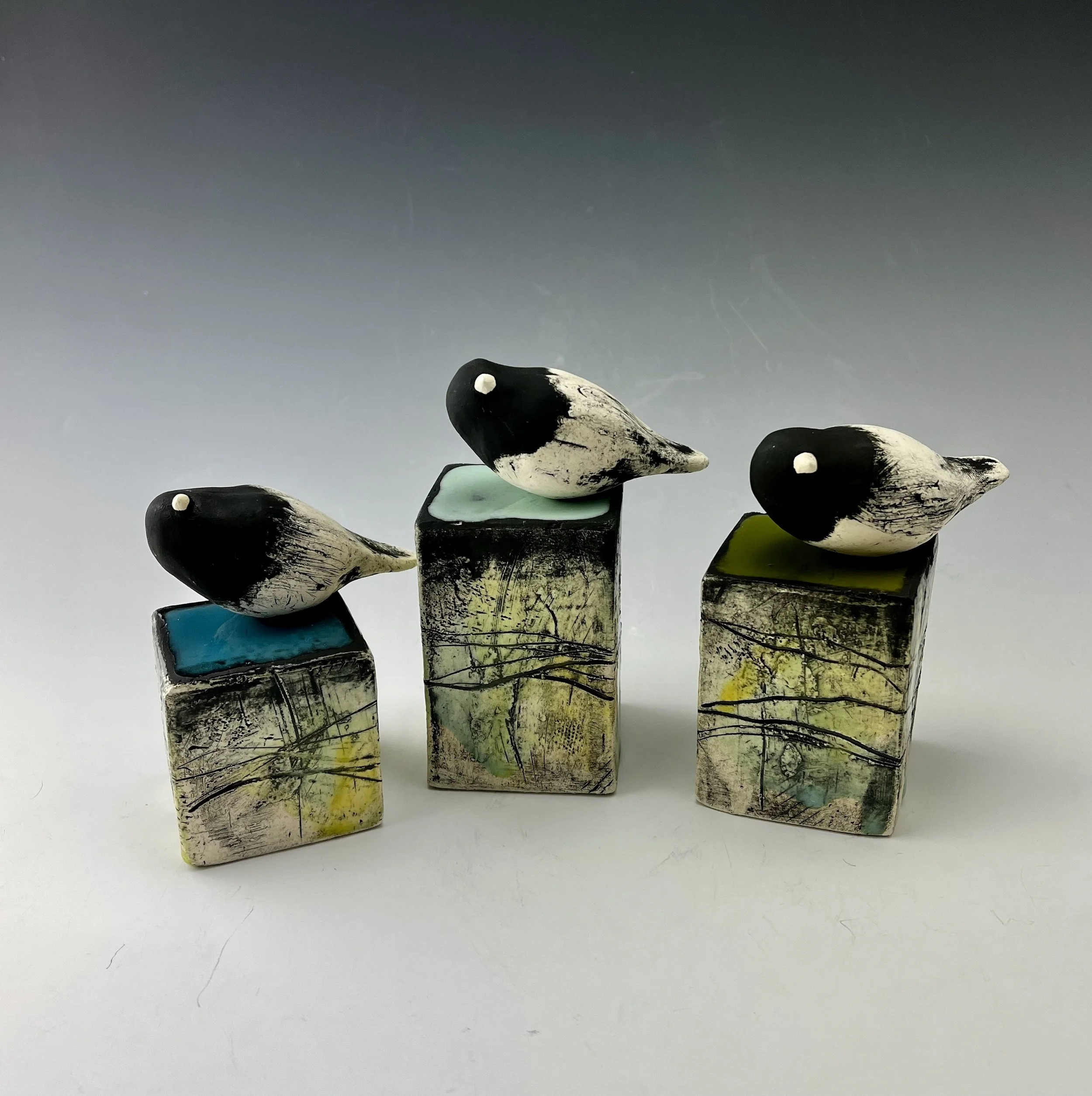 Winter Juncos | Ceramic, Stain and Glaze | 5" x 2.5" x 2.5" (approx) |  $125 each