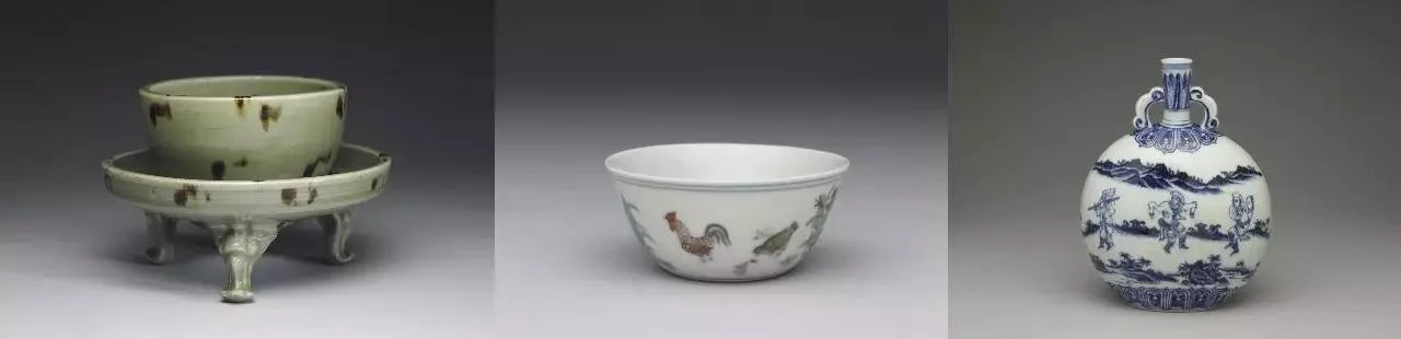 ▲ (左一)元-明,浙江龍泉窯,青瓷赭斑三足盞;(左二)明成化,江西景德镇,斗彩鸡缸杯;(左三) 明永乐,江西景德镇,青花西域舞乐人物纹扁壶,图片来源:台北故宫博物院