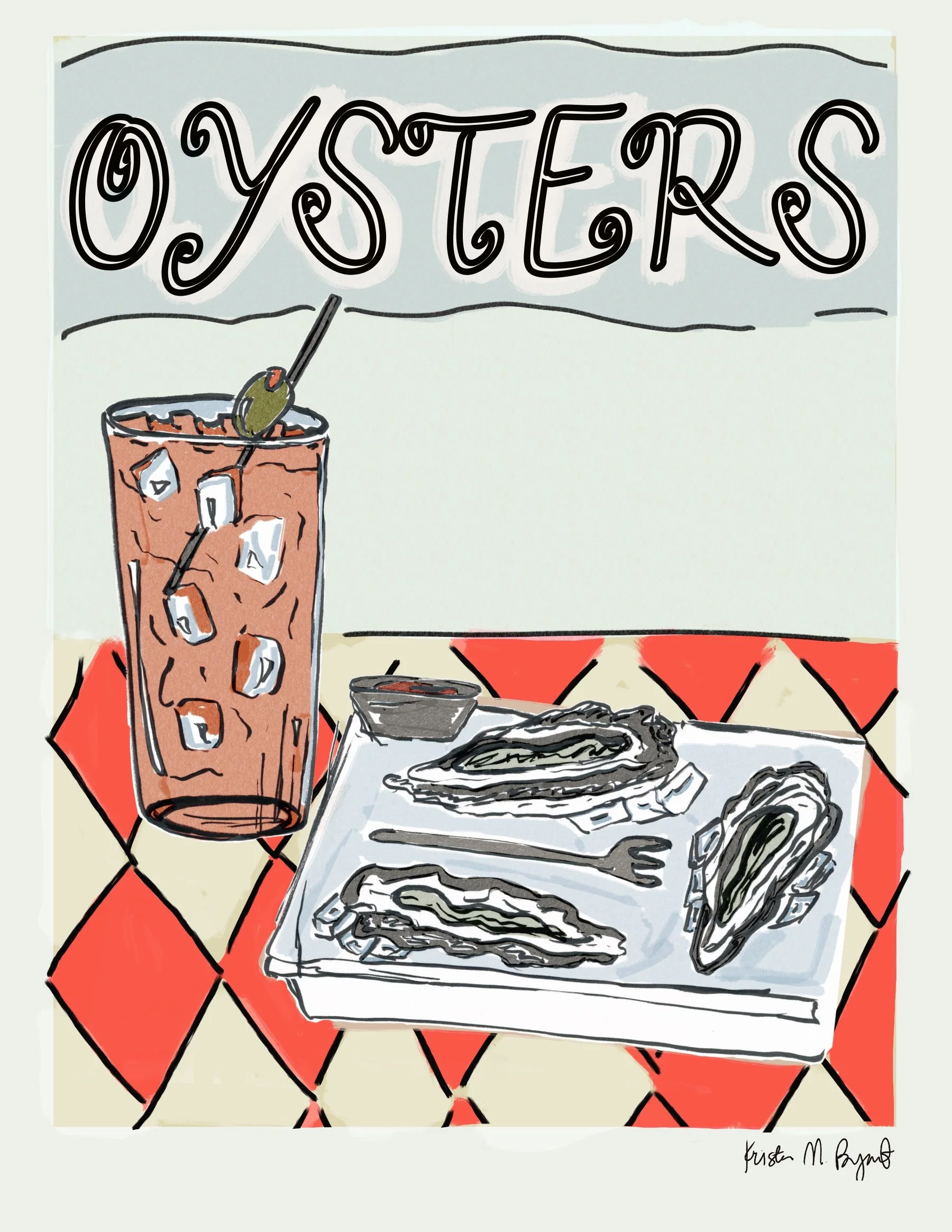 Illustrated poster of oysters and a Bloody Mary 