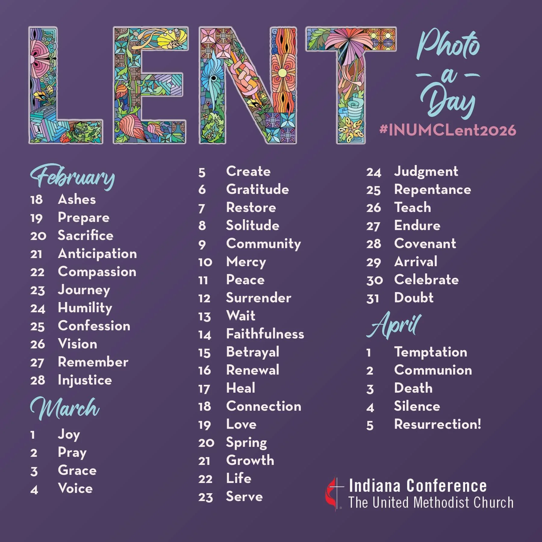 Lent: Photo-a-Day

We believe that communal spiritual practices are essential, so we're inviting you to join our Photo-a-Day Challenge during Lent. Keep an eye on our Facebook page; every day we'll post a word related to the Lenten season, and you'll