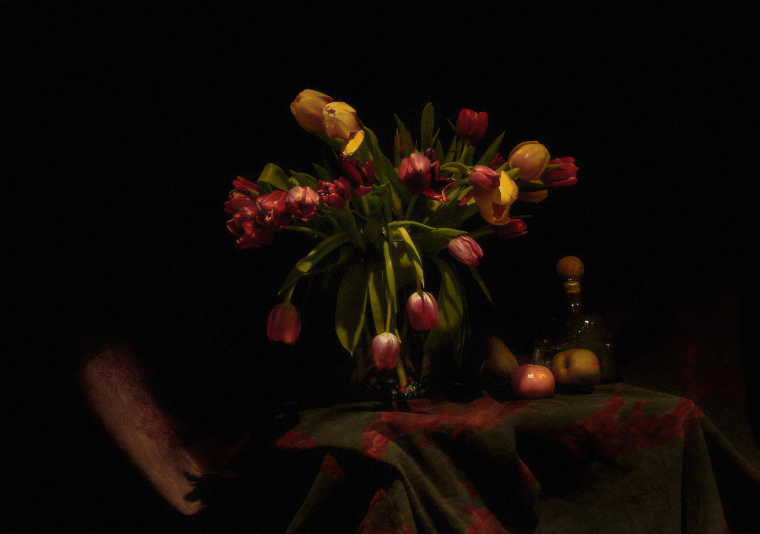 Tiki!!! tulips fruit wine and drape.JPG