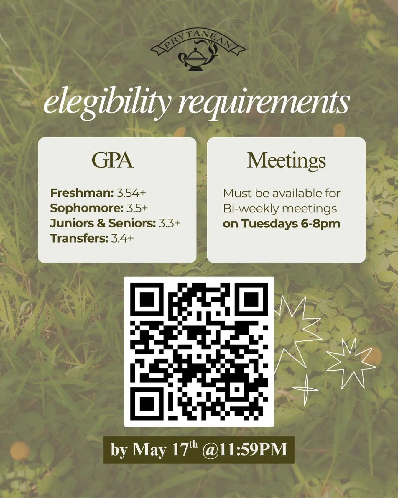 Looking to join Prytanean? Here&rsquo;s some more info on applications this Spring! As an honor society, we hold high expectations for our members: one of which is GPA

To join you must have...
📖Freshman: have a 3.54+ by Spring Quarter
🌷Sophomore: 