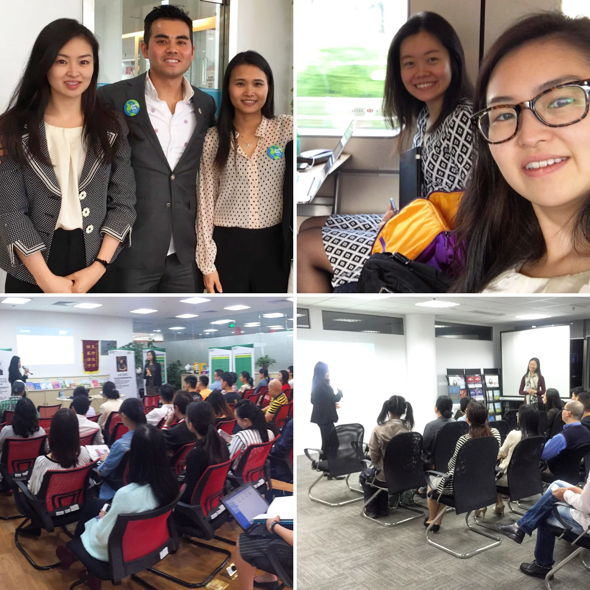 From top left, clockwise: Shenzhen team, train ride, Guangzhou lecture, Hangzhou lecture