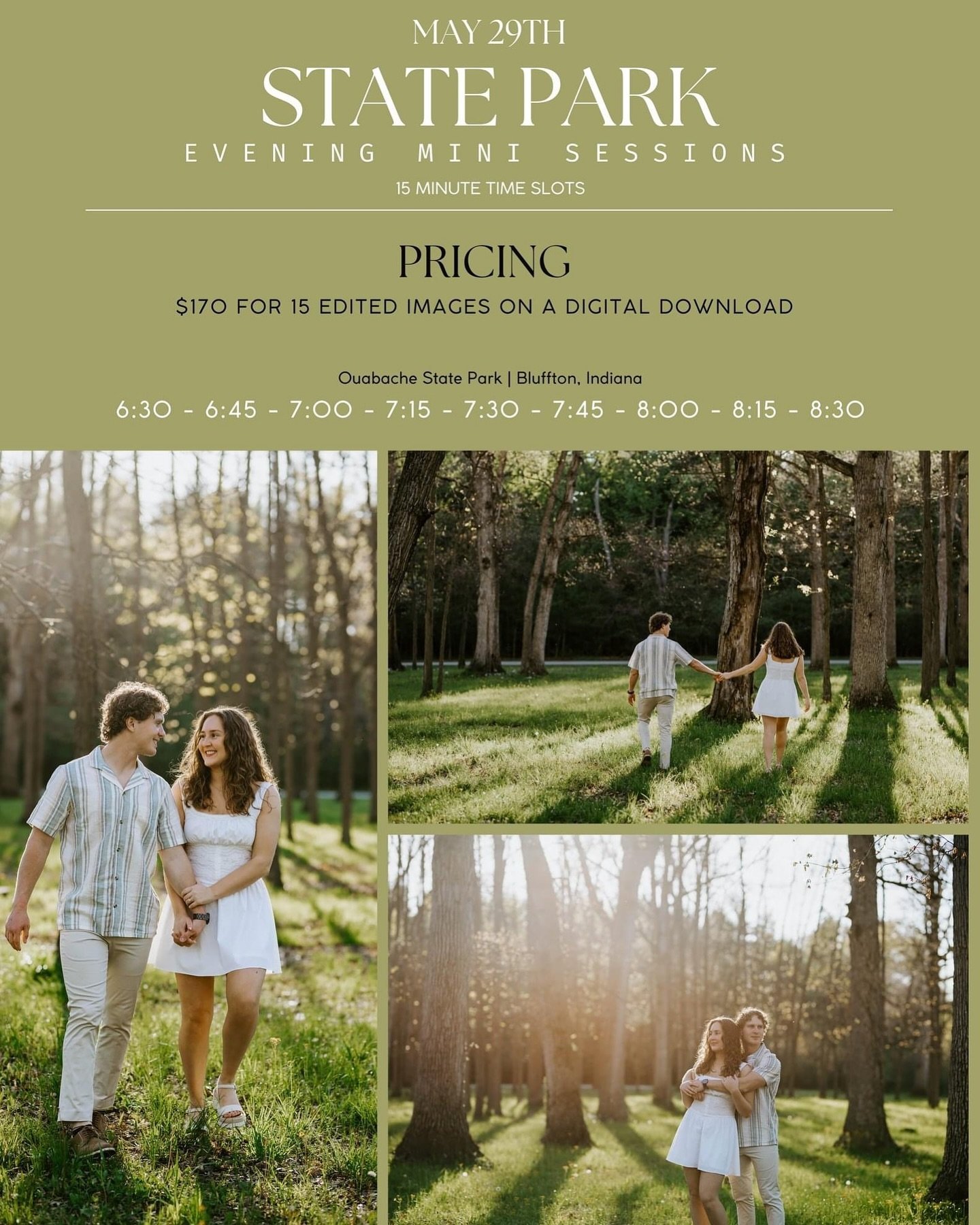 ✨ MAY MINI SESSIONS ✨

I am beyond excited to be hosting a round of minis at Ouabache State Park this month. I am OBSESSED with this area and wanted to share it all with you too. This location has such a dreamy feel to it, making it ideal for familie