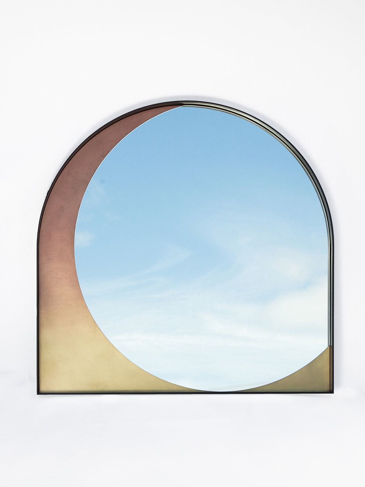 Patinated pink gradient bronze slip mirror with a blackened steel frame, fabricated for Kin and Company 