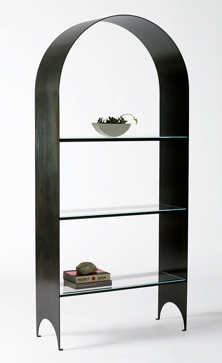  Blackened steel and glass shelf fabricated for Kin and Company 