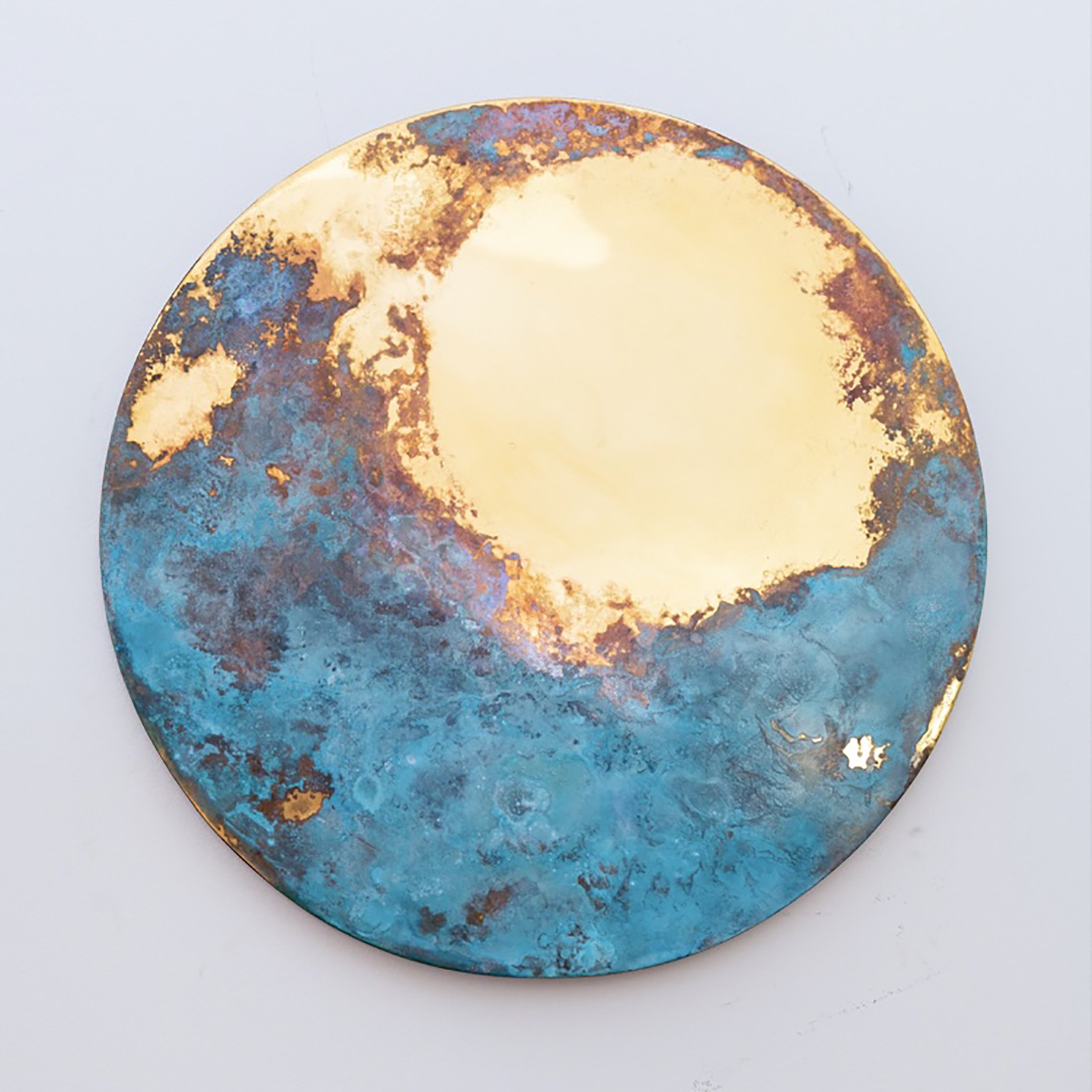  Hand polished solid bronze mirror, verdigris patinated surface 