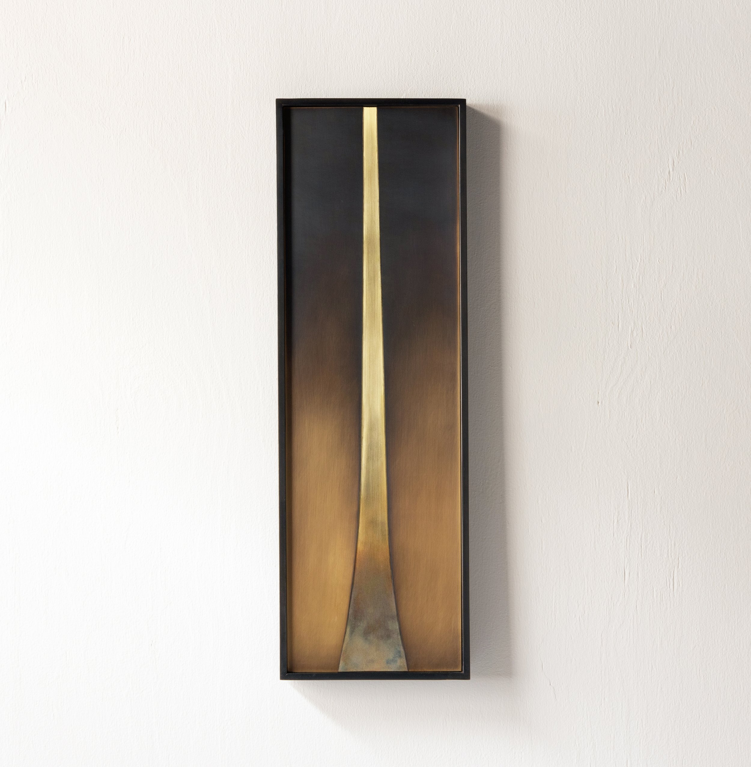 Solar Corridor 10” W 30” H 1” D Polished and patinated bronze, steel and wood 2025