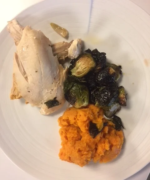 Better than prison food: roast chicken, brussels sprouts and sweet potato