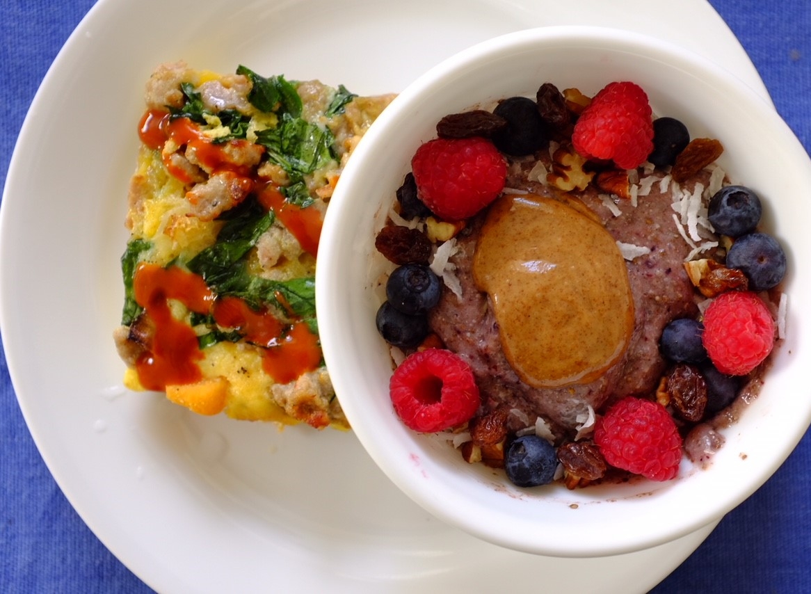 Chia pudding with a piece of egg sausage casserole on the side. Also hot sauce (a theme in surviving this Whole30).