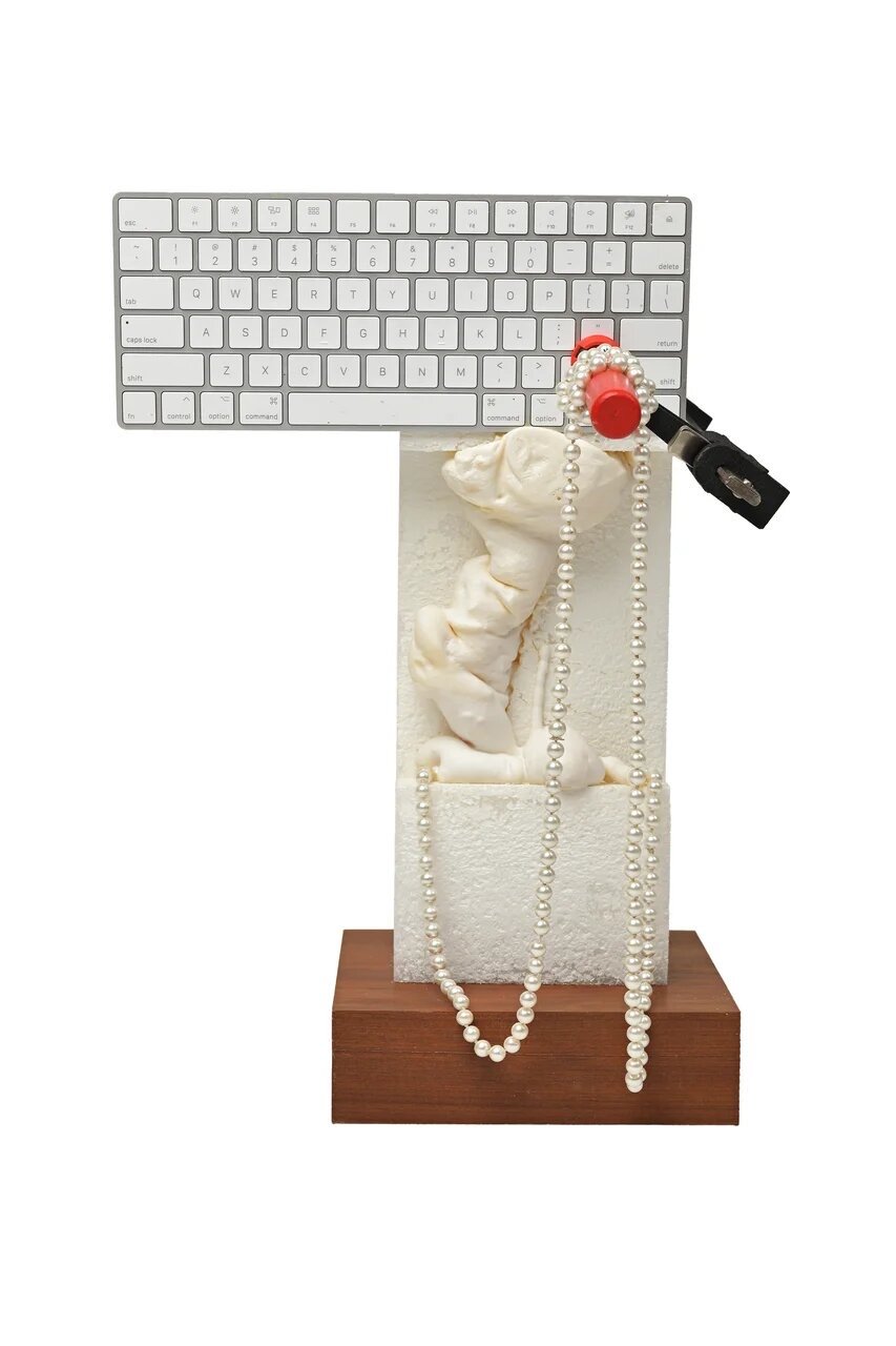   Keyboard with Pearls,  2021  Keyboard, fake pearls, and insulator foam on a wooden base  18 X 15 X 12 inches 