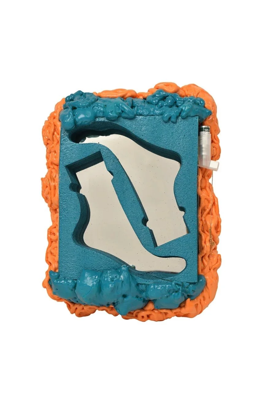   Foot with Inhaler,  2020   Mirror, acrylic, insulation foam, inhaler, and necklace   19 X 16 X 5 inches 