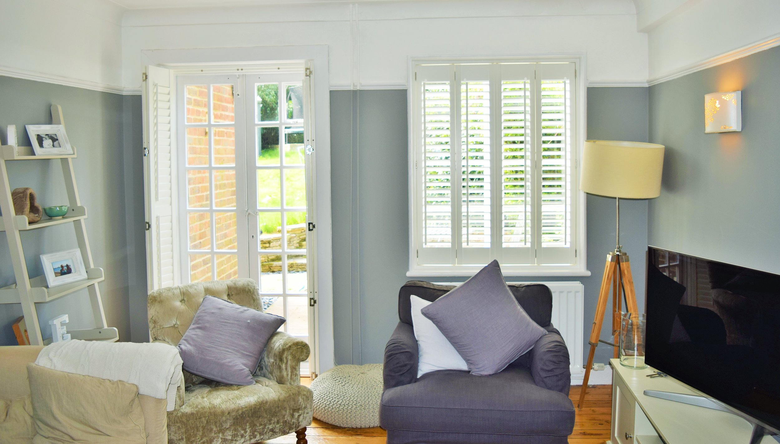 Patio door shutters and French door shutters on Georgian french door